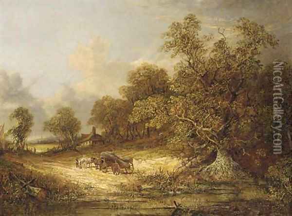 A log cart on a wooded track, with Norwich beyond Oil Painting - John Paul