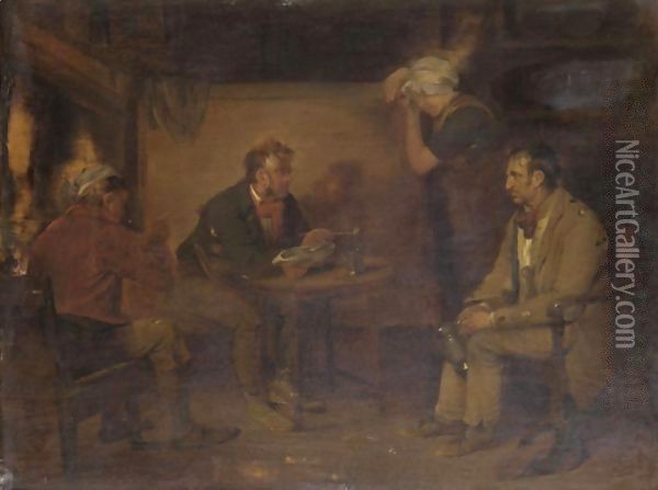 Figures In A Cottage Interior Oil Painting - Edward Bird