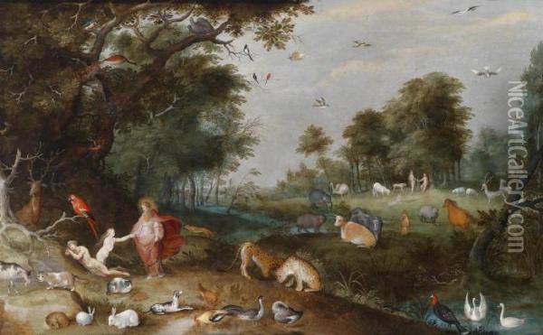 The Garden Of Eden With The Creation Of Adam And Eve Oil Painting - Frans II Francken