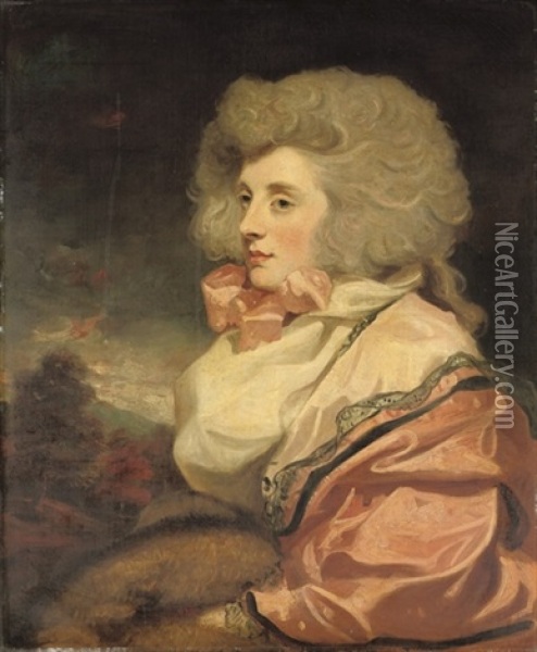 Portrait Of A Lady, Half-length, In A Pink Dress, With A Fur Muff, In A Landscape Oil Painting - Sir John Hoppner