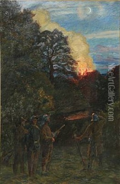 Historical Scenery With Soldiers At A Burning Castle Oil Painting - Johannes Kragh