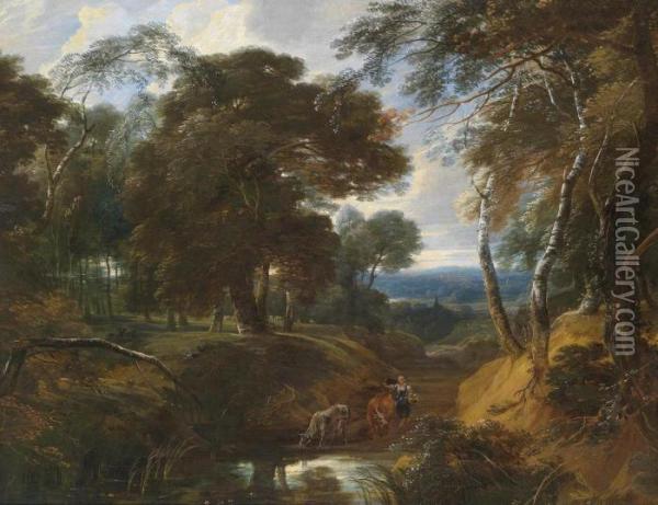 A Wooded Landscape Oil Painting - Philips Augustyn Immenraet