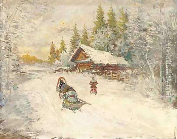 A winter scene with a horse-drawn sled Oil Painting - Konstantin Alexeievitch Korovin