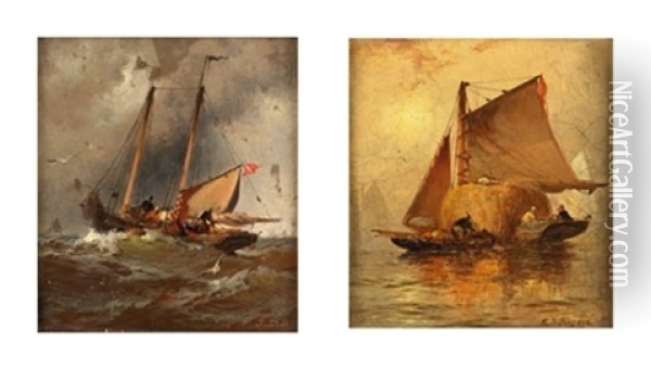 Sailboats At Sunset (+ Fishing Boat In Stormy Waters; Pair) Oil Painting - Franklin Dullin Briscoe