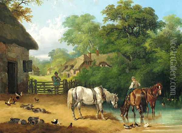 A boy watering horses in a farmyard Oil Painting - Charles & Henry Shayer
