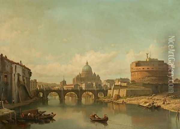 Vue du pont et chateau Saint Ange a Rome, sur le second plan la Basilique Saint Pierre Oil Painting - Francois Antoine Bossuet