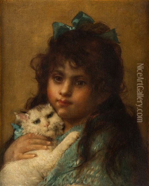 Girl With A Cat Oil Painting - Leon Jean Basile Perrault