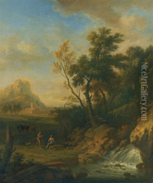 A Italianate Landscape With Peasants Conversing By A Waterfall, A Muleteer With His Barren Beyond Oil Painting - Jan Van Huysum