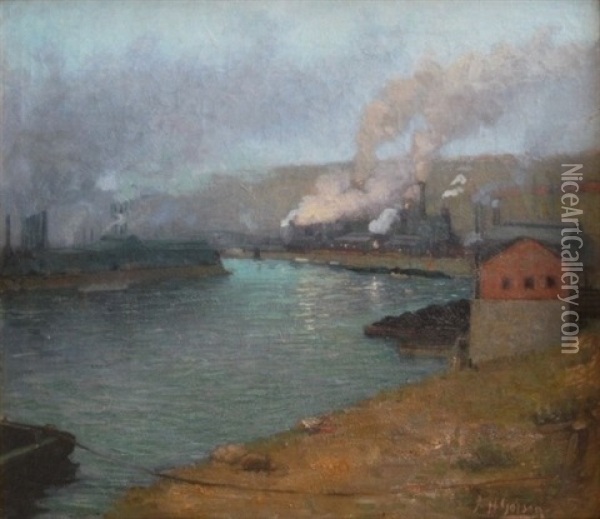Steel Mills On A River Oil Painting - Aaron Harry Gorson