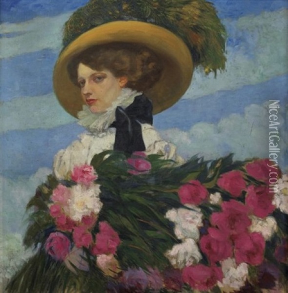 Femme Au Bouquet De Pivoines Oil Painting - Umberto Brunelleschi