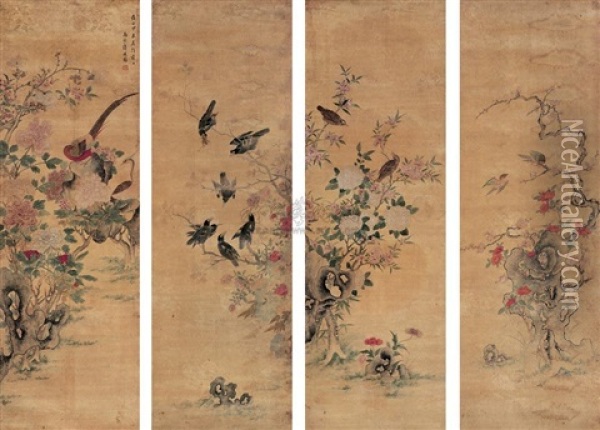Flower And Bird (4 Works) Oil Painting -  Jiang Tingxi