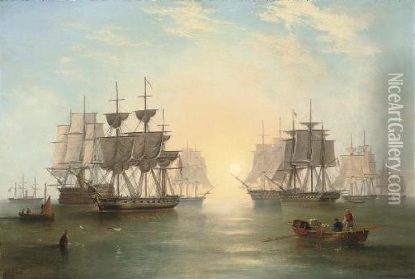 The Fleet At Anchor In An Evening Calm Oil Painting - John Wilson Carmichael