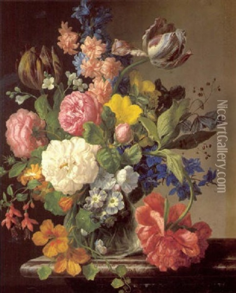 Blumenstuck In Glasvase Mit Schmetterling Oil Painting - Josef Lauer