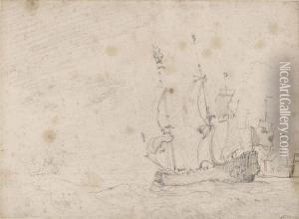 A Man O' War At Sea In A Fresh Breeze Oil Painting - Willem van de, the Elder Velde