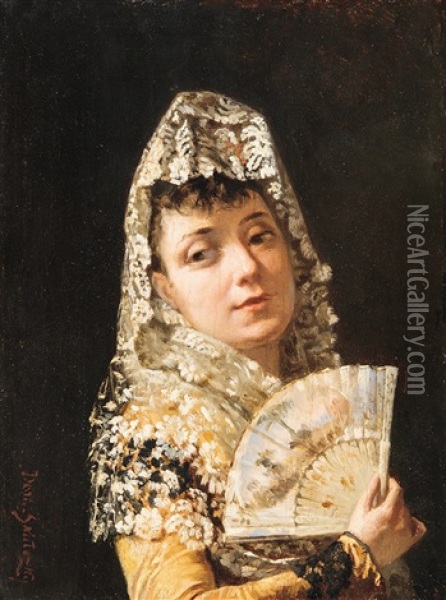 Lady In A Veil Holding A Fan Oil Painting - Dominik Skuteczki