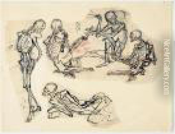 Dessin : Etudes De Squelettes En Action Dans Des Attitudes Humaines Oil Painting - Katsushika Hokusai