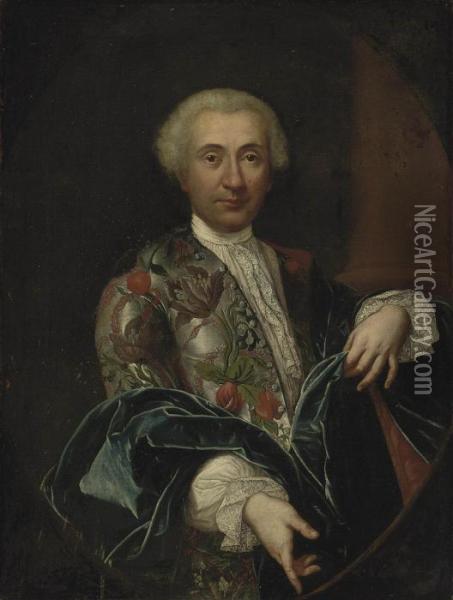 Portrait Of A Gentleman, 
Half-length, In A Grey Silk Jacket, Richly Embroidered With Flowers, 
Lace Collar And Cuffs, And A Blue Wrap, Feigned Oval Oil Painting - Carlo Amalfi