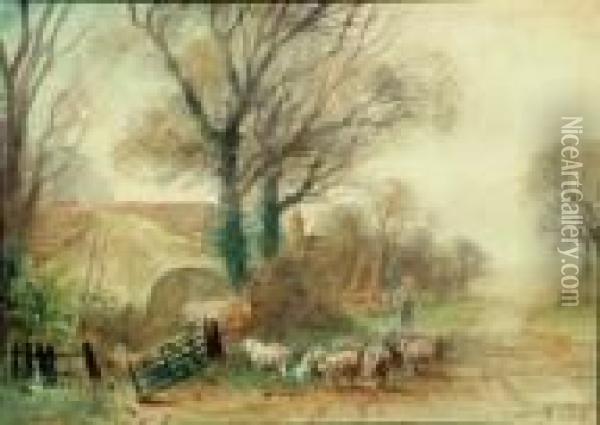 A Shepherd And Flock On A Country Lane Oil Painting - Henry Charles Fox