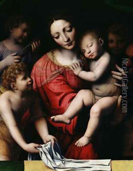 The sleeping Christ or Madonna and sleeping Child with three angels 1532 Oil Painting - Bernardino Luini