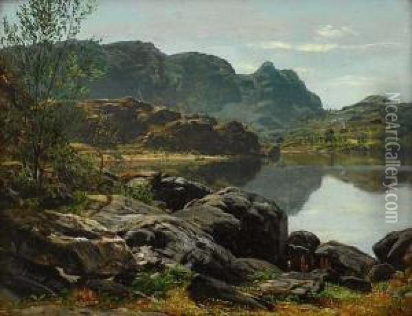 Landskap Med Innsjo 1853 1853 Oil Painting - Anders Monsen Askevold