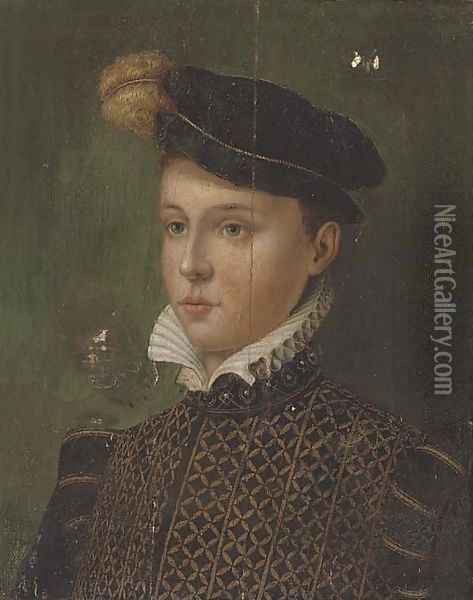 Portrait of a boy, half-length, in a black plumed cap and a gold embroidered black doublet Oil Painting - Antonis Mor