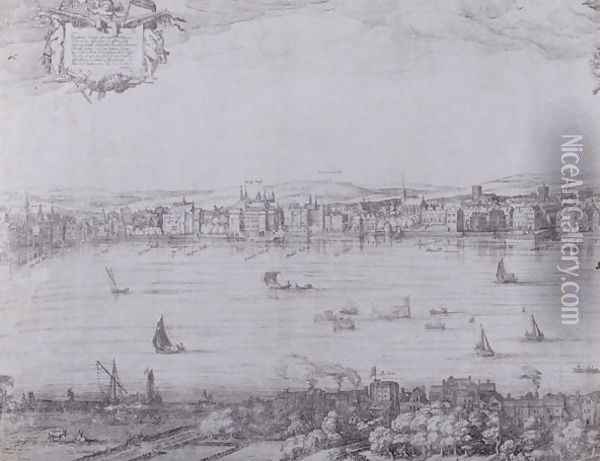 Panorama of London and the Thames, part one showing from Whitehall to Blackfriars, c.1600 Oil Painting - Nicolaes (Claes) Jansz Visscher