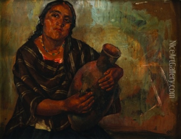Mujer Con Cantaro (luz Jimenez?) Oil Painting - Alberto Garduno