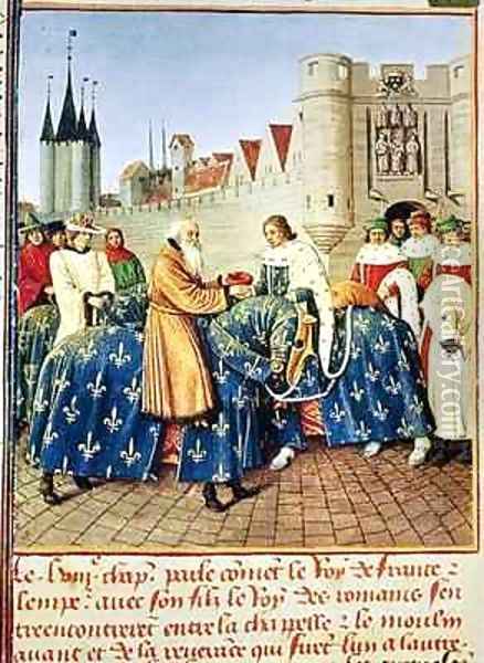Ms Fr 6465 fol 444 Charles V 1338-80 receiving Emperor Charles IV 1316-78 at the Porte du Temple in Paris Oil Painting - Jean Fouquet