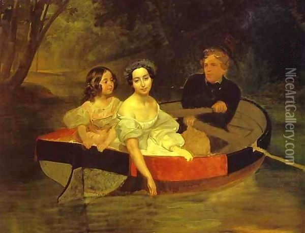 Self portrait with Baroness Ye N Meller Zakomelskaya and a Girl in a Boat Oil Painting - Jules-Elie Delaunay