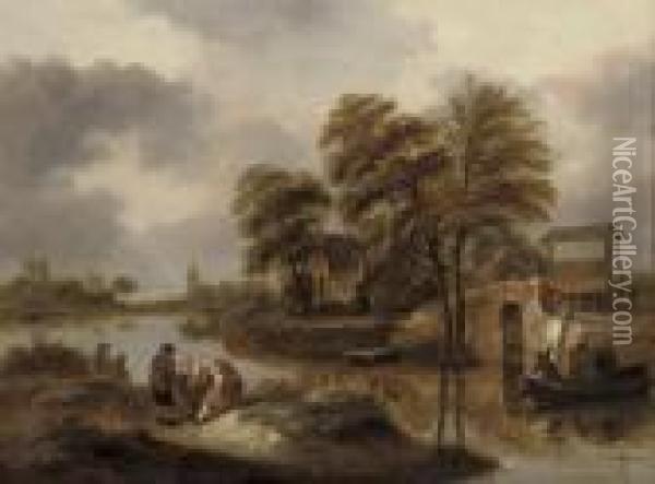 A River Landscape With Fishermen Oil Painting - Claes Molenaar (see Molenaer)