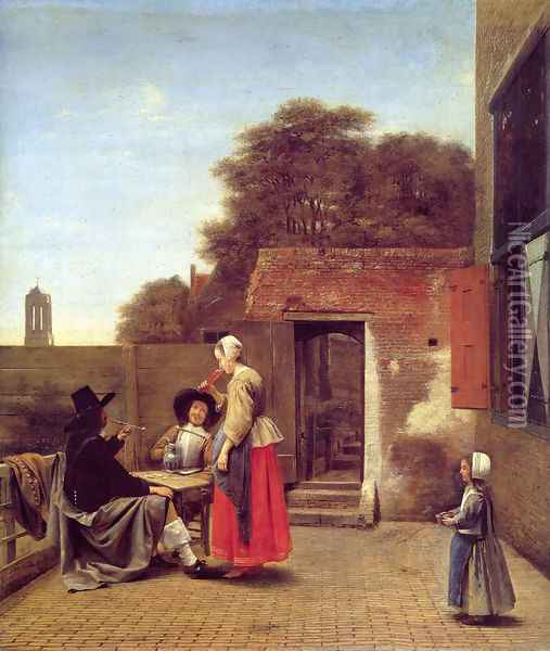A Dutch Courtyard Oil Painting - Pieter De Hooch