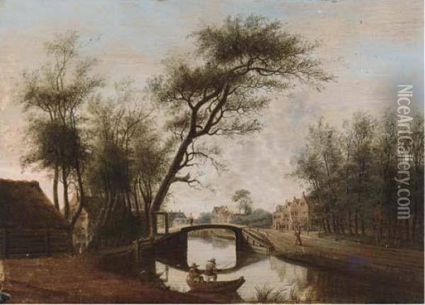A River Landscape With A Fisherman In A Boat Before A Bridge, Atown Beyond Oil Painting - Rafael Govertsz. Camphuysen