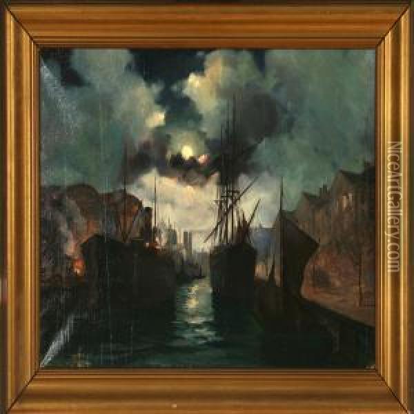Evening Atmosphere At B& W Ship Building Yard In Copenhagen Harbour Oil Painting - Willy Bille
