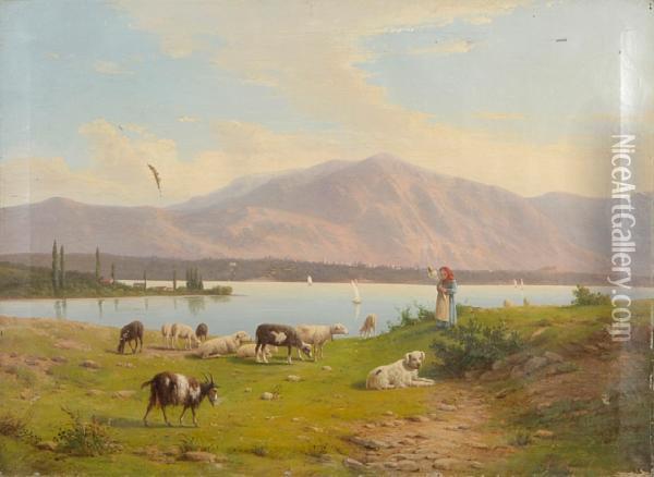 Sheep And Goats Grazing By A Lake Oil Painting - Alfonso Beccaluva