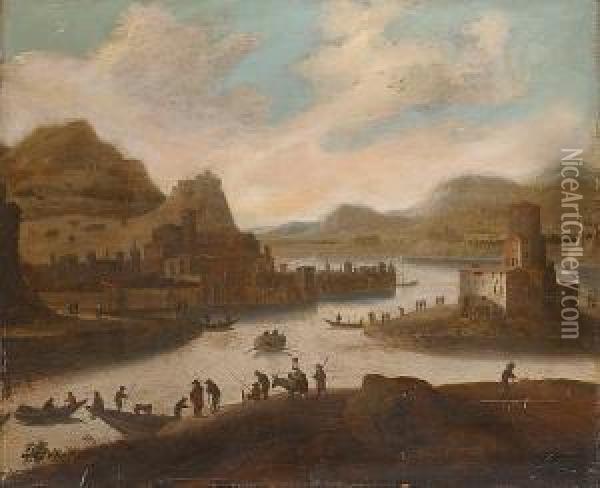 A Riverside Village With Figures On Ferries, A Hilltop Castle Beyond Oil Painting - Dirck Verhaert