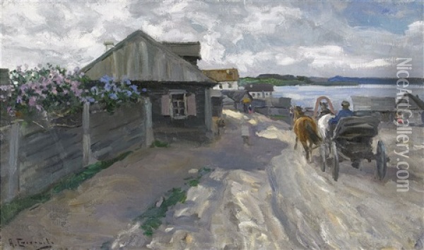 Village On The Riverbank Oil Painting - Aleksei Stepanovich Stepanov