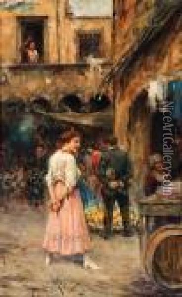 A Young Girl In A Neapolitan Market Oil Painting - Vincenzo Migliaro