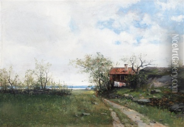 Sommarlandskap Med Stuga Oil Painting - Johan Severin Nilsson