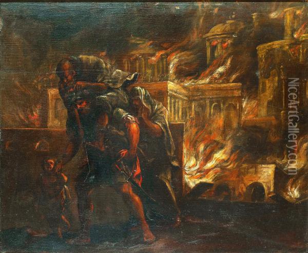 Aeneas Flyr Det Brinnande Troja Med Sin Fader Anchises Pa Ryggen Oil Painting - Pehr Horberg