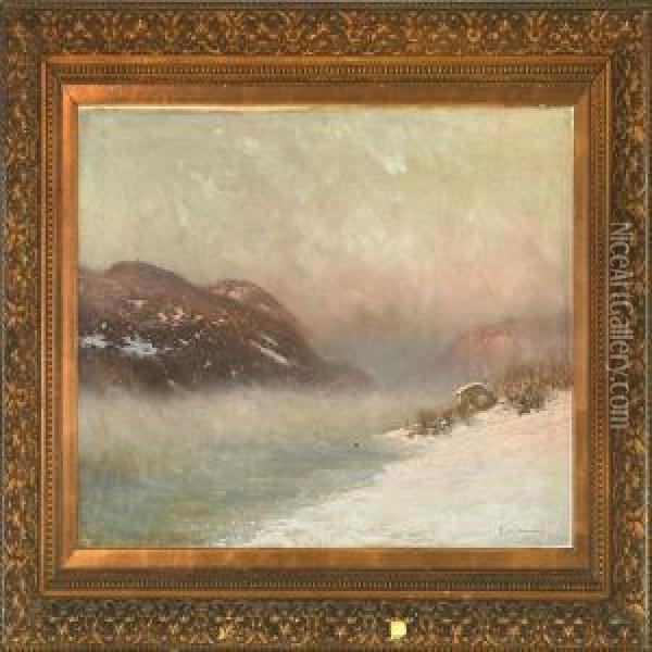 The Sun Rise Above A Foggy Snow-covered Landscape Oil Painting - Ludvig Skramstad