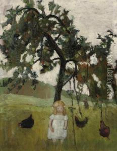 Elsbeth Mit Huhnern Unter Apfelbaum Oil Painting - Paula Modersohn-Becker