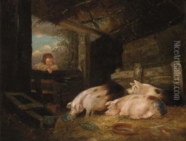 Pigs In A Sty With A Child At The Gate Oil Painting - George Morland