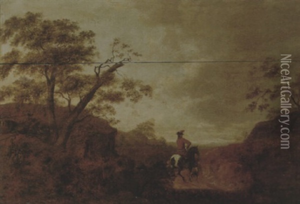 A Wooded Landscape At Sunset With A Horseman And His Dog On A Track Oil Painting - Aelbrecht Verschuur