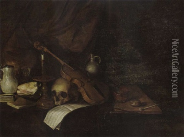 A Vanitas Still Life With A Violin, A Music Book, A Candlestick, A Skull, Books, A Conch Shell, A Pipe And Jugs, All On A Wooden Table Oil Painting - Pieter Symonsz Potter