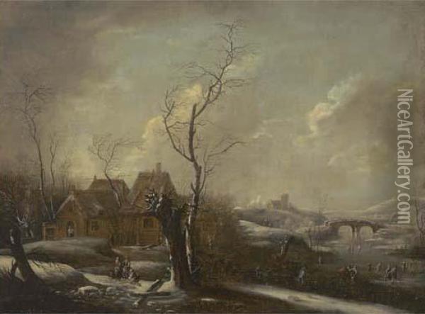 A Winter Landscape With Skaters On A Frozen River, A Village Nearby Oil Painting - Johann Christian Vollerdt or Vollaert
