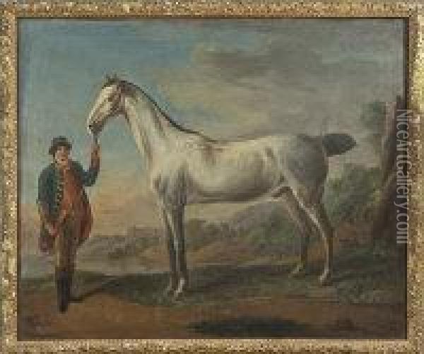 A Grey Arab Horse In A Landscape Held By A Groom In Library Oil Painting - John Wotton