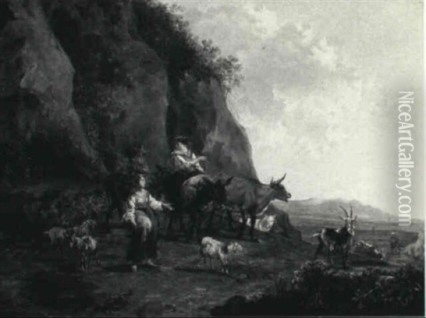 Peasants In An Extensive Southern Landscape Oil Painting - Johannes van der Bent
