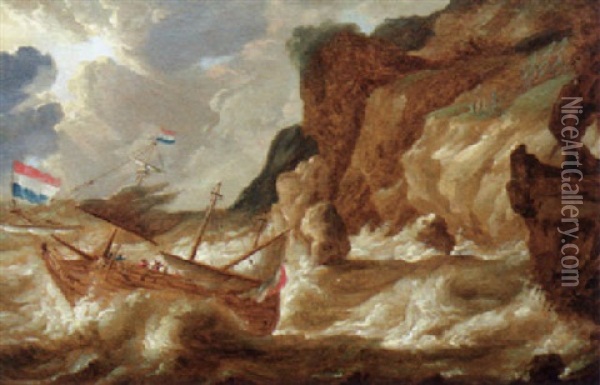 A Man-o`-war Foundering Off A Rocky Coastline In A Storm Oil Painting - Bonaventura Peeters the Younger