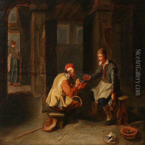 Inn Scene With Two Men Smoking Pipes Oil Painting - Abraham Diepraam