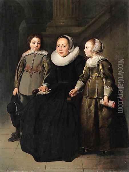 Portrait of a lady with her son in a grey doublet with slashed Oil Painting - Thomas De Keyser